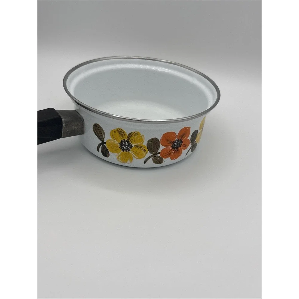 Vtg Austria Email Primavera Enamelware Saucepan Mod 70s Orange Floral Flower Pan